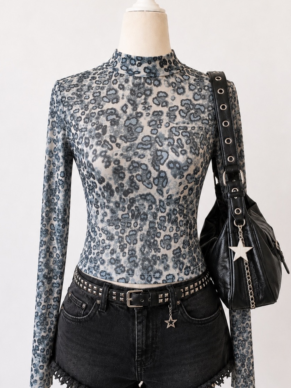 Women’s Grey Blue Leopard Mock Neck Long Sleeve Top